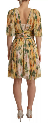 Dolce & Gabbana Yellow Floral Print Pleated Maxi Dress